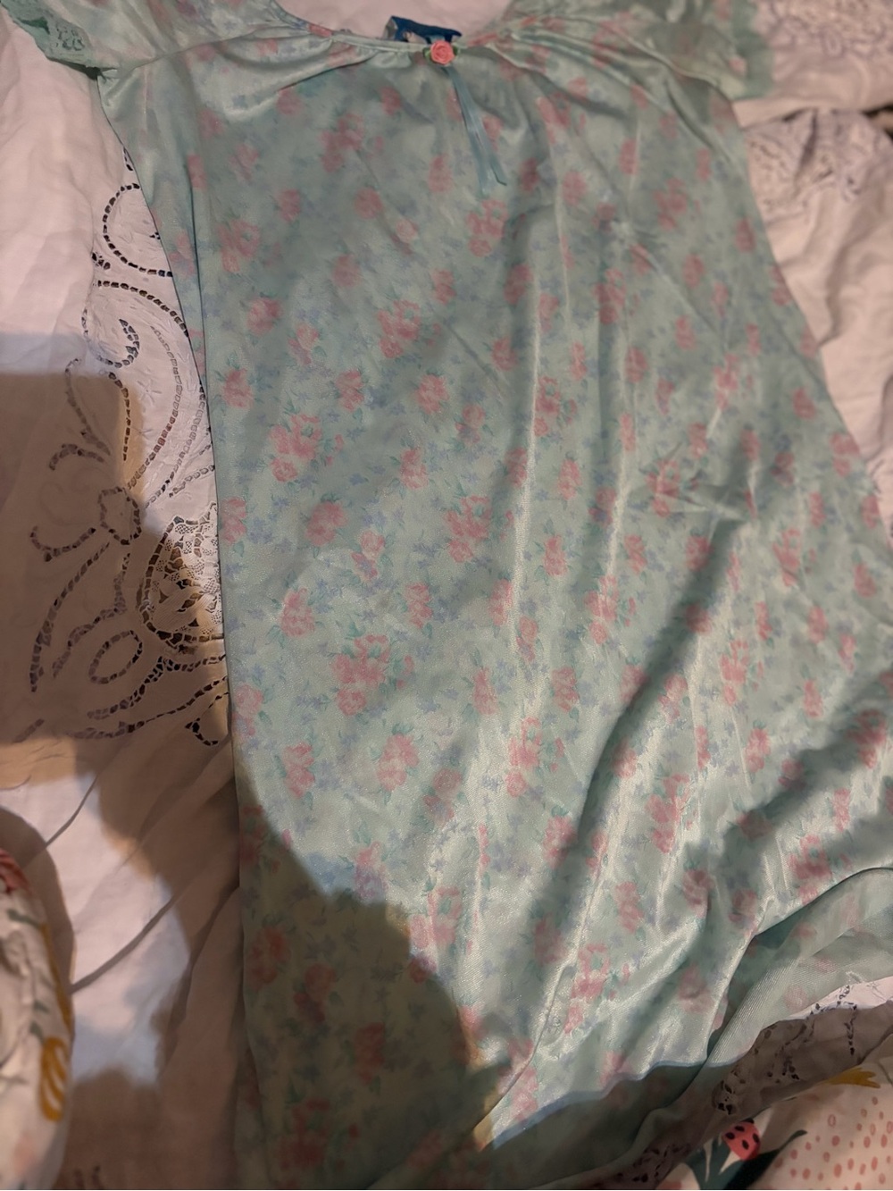 Vintage Ashley Taylor Floral Satin Nightgown Rosette Pastel Coquette
